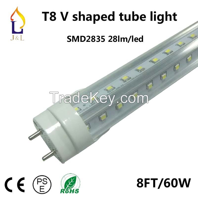 8ft T8 V-shape tube lighting LED smd2835 60w 2.4m V shaped tube led light 28lm/led CRI&gt;=80