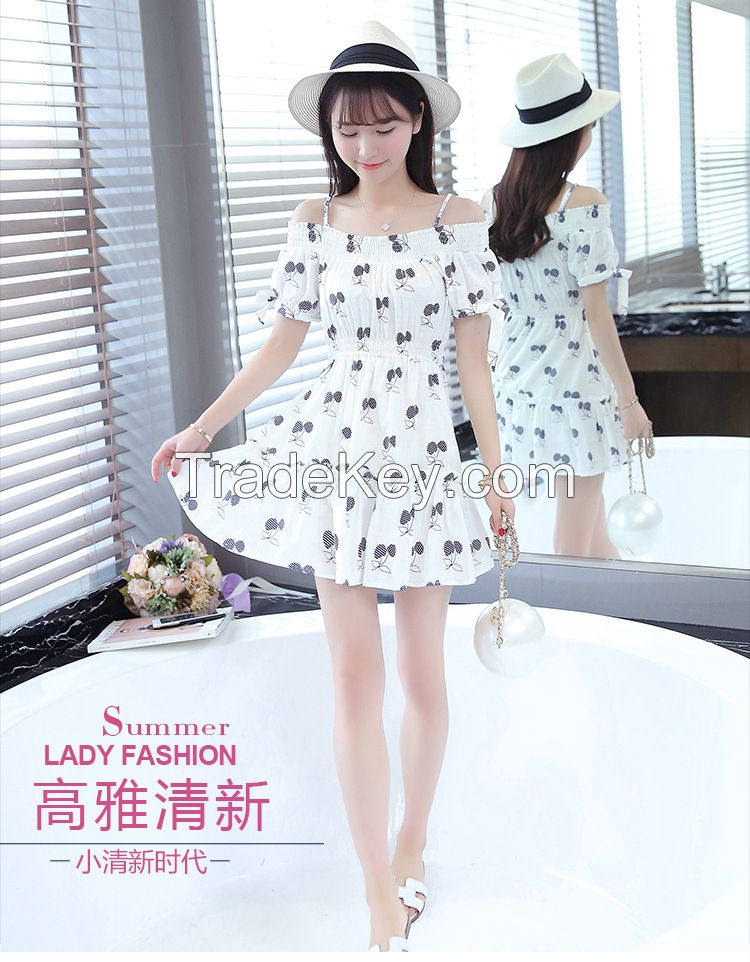 The 2016 Summer Han Edition Floral Dress Elastic Waist Show Thin Strap