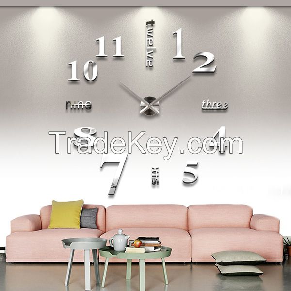 Silver Color Large Mirror 3d Wall Clock Luxury Home Decor Wall Clocks