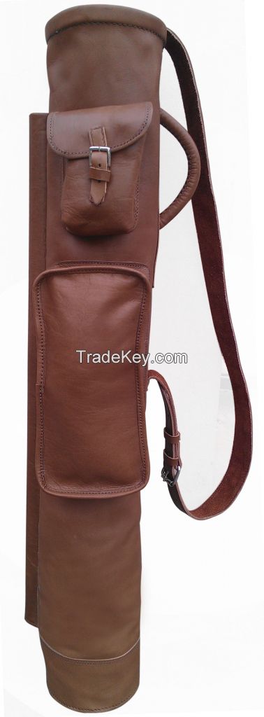 VINTAGE RETRO TAN LEATHER TUBE GOLF CLUB CARRYING BAG WITH TWO POCKETS