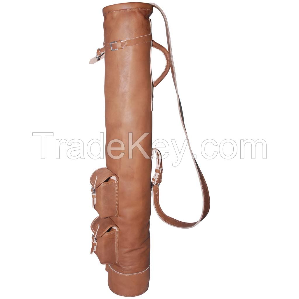 VINTAGE TAN LEATHER TUBE GOLF CLUB CARRYING BAG + 2 POCKETS RETRO STYLE