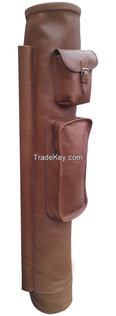 VINTAGE RETRO TAN LEATHER TUBE GOLF CLUB CARRYING BAG WITH TWO POCKETS
