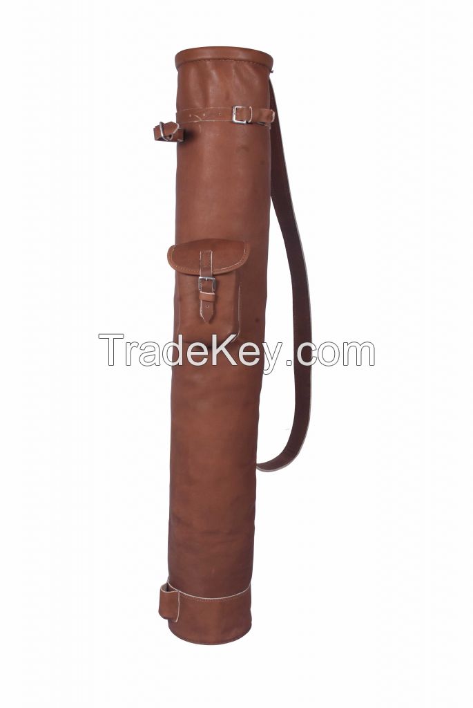 VINTAGE RETRO STYLE TAN LEATHER TUBE GOLF CLUB CARRYING BAG WITH 1 POCKET