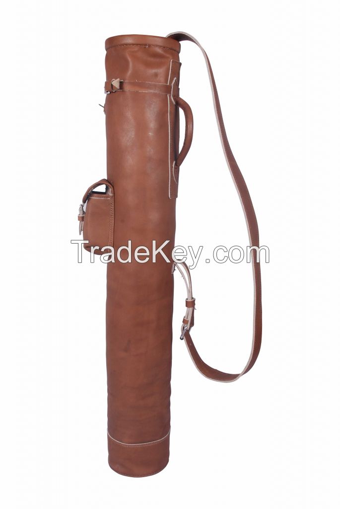 VINTAGE RETRO STYLE TAN LEATHER TUBE GOLF CLUB CARRYING BAG WITH 1 POCKET