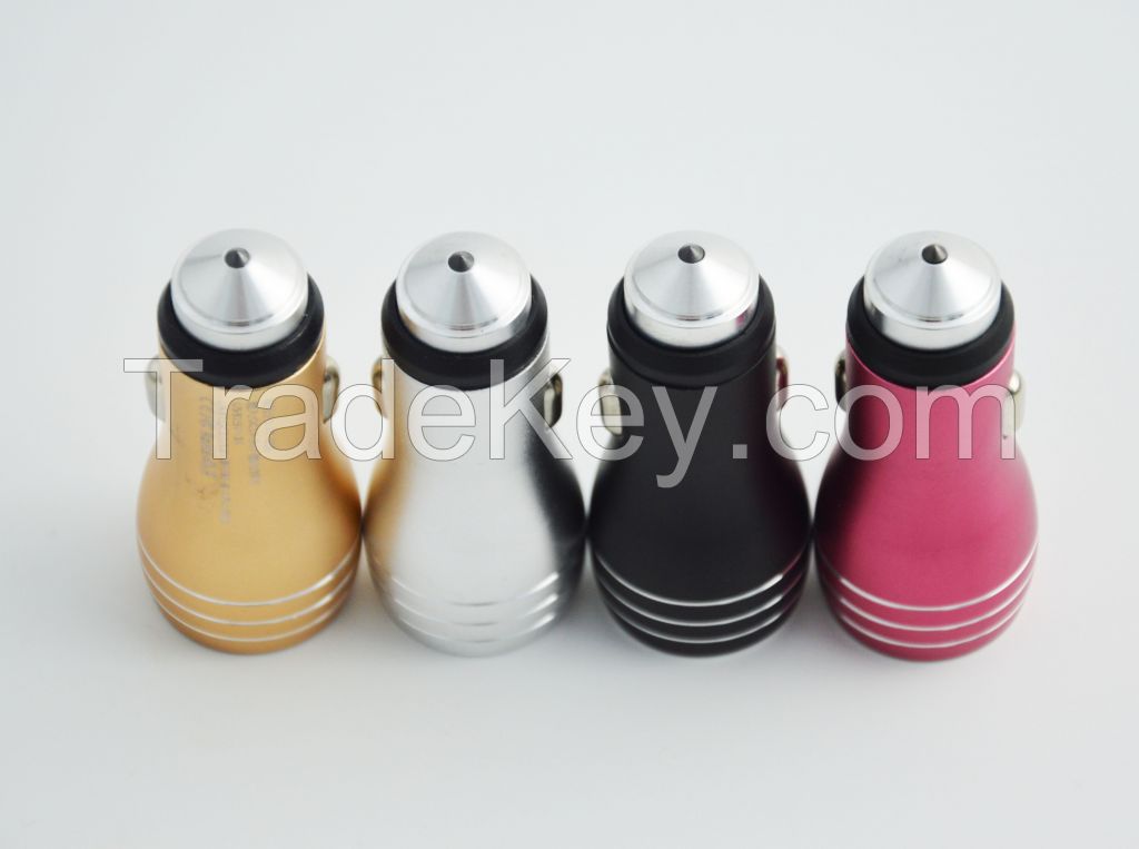 Qc3.0 car charger for mobile phone with dual ports and diamond safety hammer aluminum alloy case