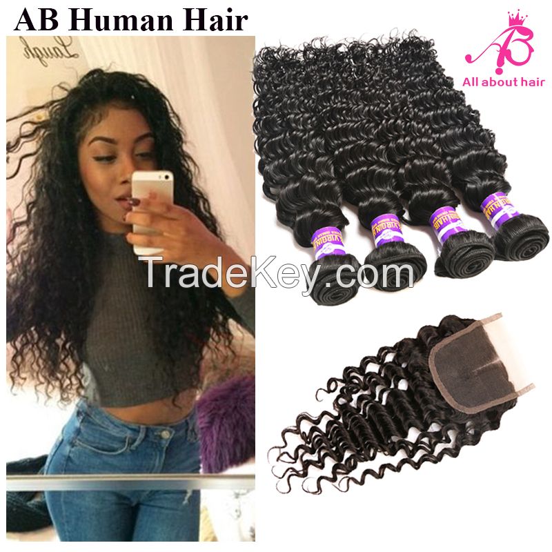 Peruvian hair weave deep wave virgin hair bundles closure curly human hair weaves closure Grade 8A Peruvian wavy hair wholesale
