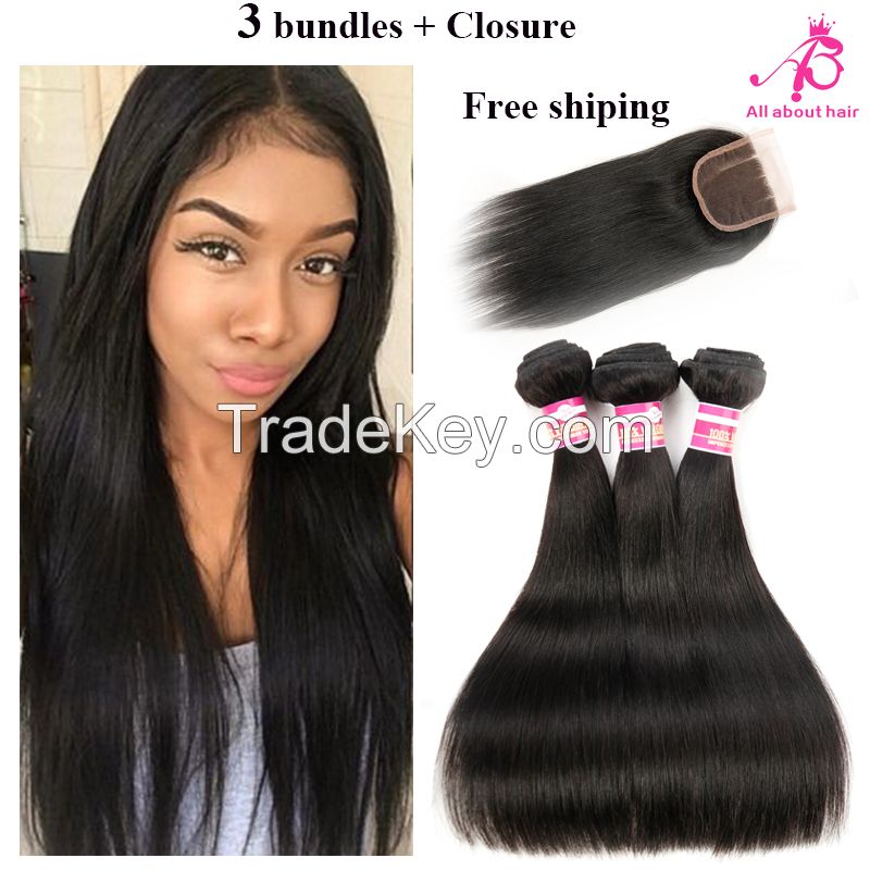 Brazilian straight virgin hair with closure 8A unprocessed human hair with lace closure 3 bundles Brazilian straight hair with closure