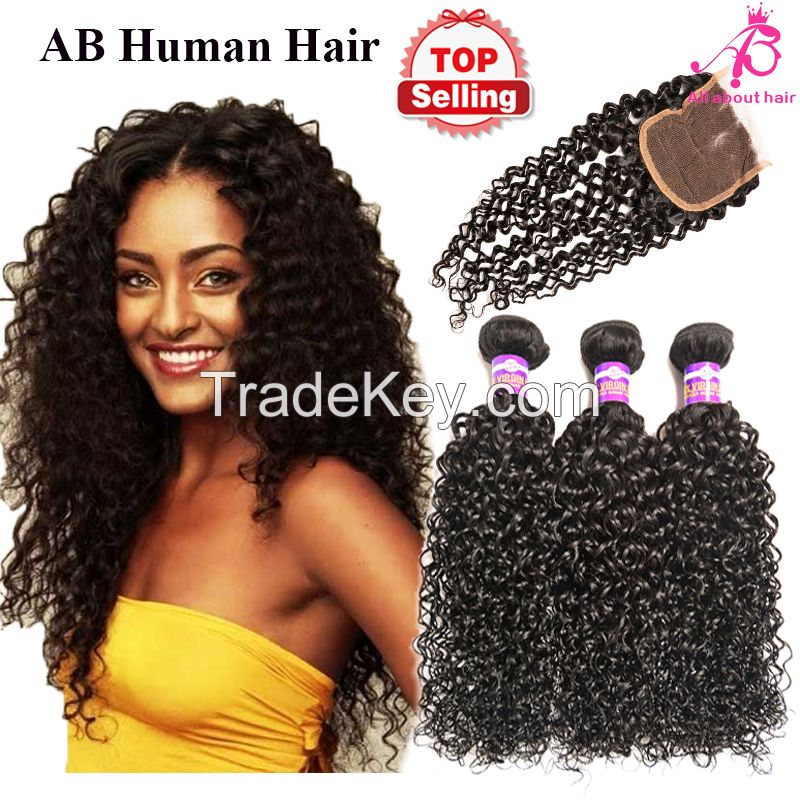 7A Brazilian hair kinky curly hair weaves closure 4pcs lot afro kinky hair bundles with closure Brazilian virgin curly weave 