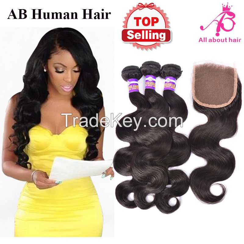 Brazilian virgin hair body wave lace closure 3 bundles Brazilian body wave with closure cheap human hair weave 8A hair wefts 