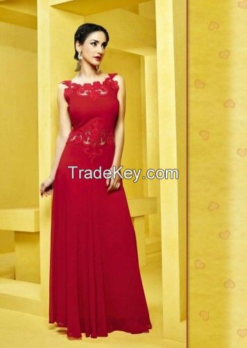 Georgette Net Fabric Red Color Readymade Gown