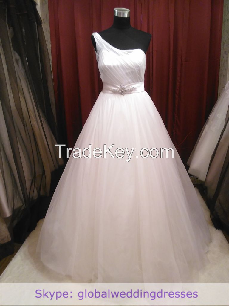 Ball-gown Wedding Dress Ivory Fine-netting One-shoulder Floor-length