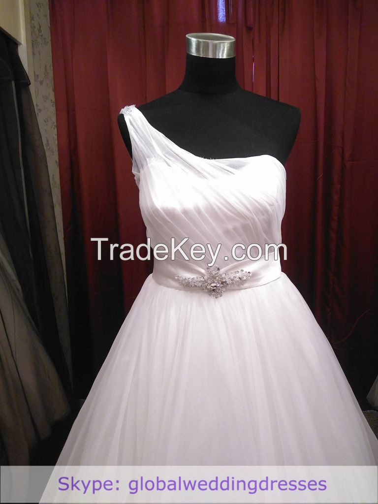 Ball-gown Wedding Dress Ivory Fine-netting One-shoulder Floor-length