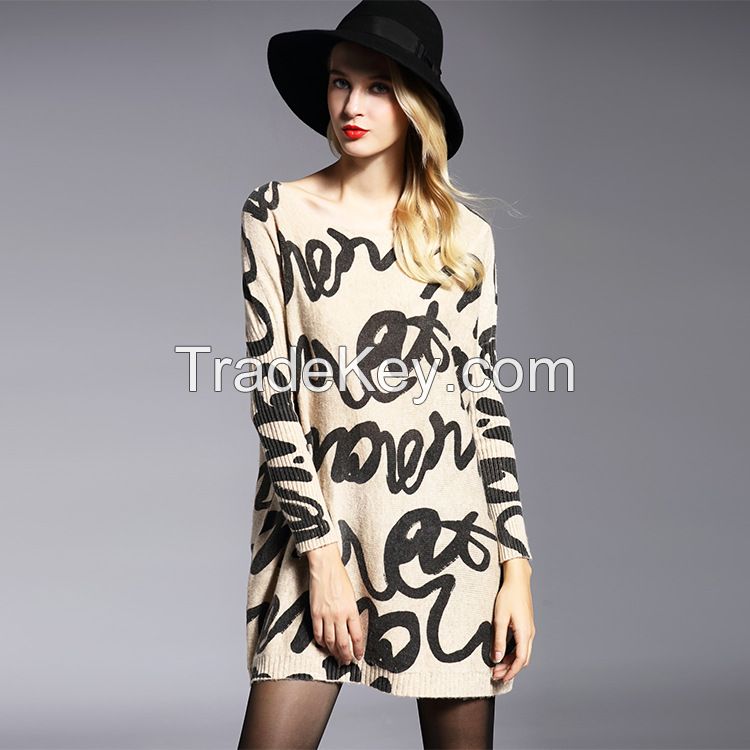 2016 hot sale spring autumn roll neck cute cartoon animal print long sleeve cashmere women sweater