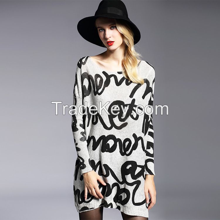 2016 hot sale spring autumn roll neck cute cartoon animal print long sleeve cashmere women sweater 