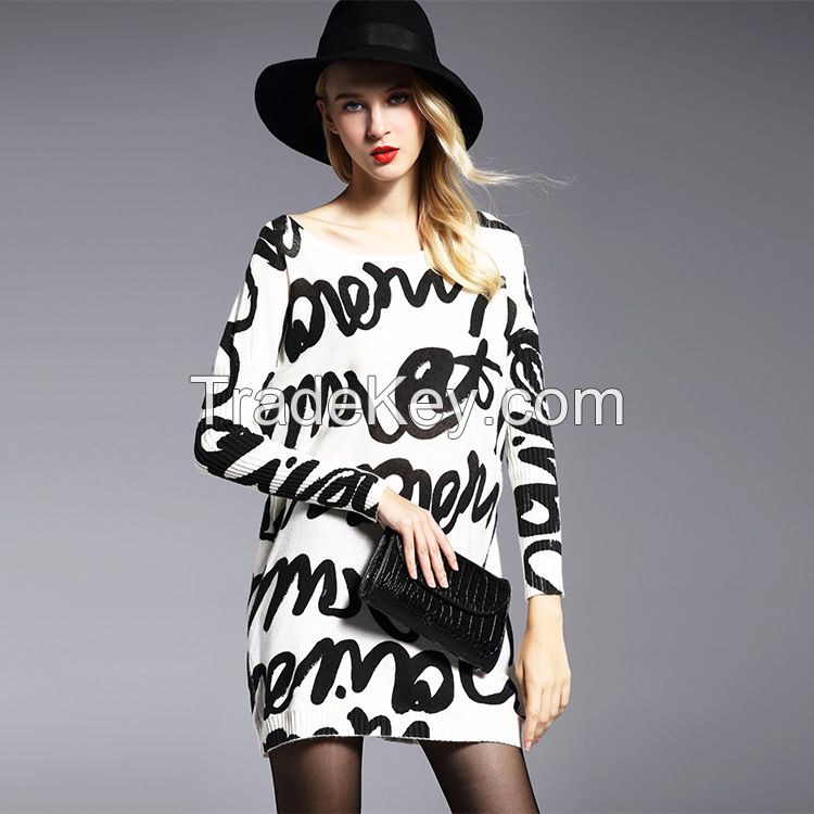 2016 hot sale spring autumn roll neck cute cartoon animal print long sleeve cashmere women sweater 