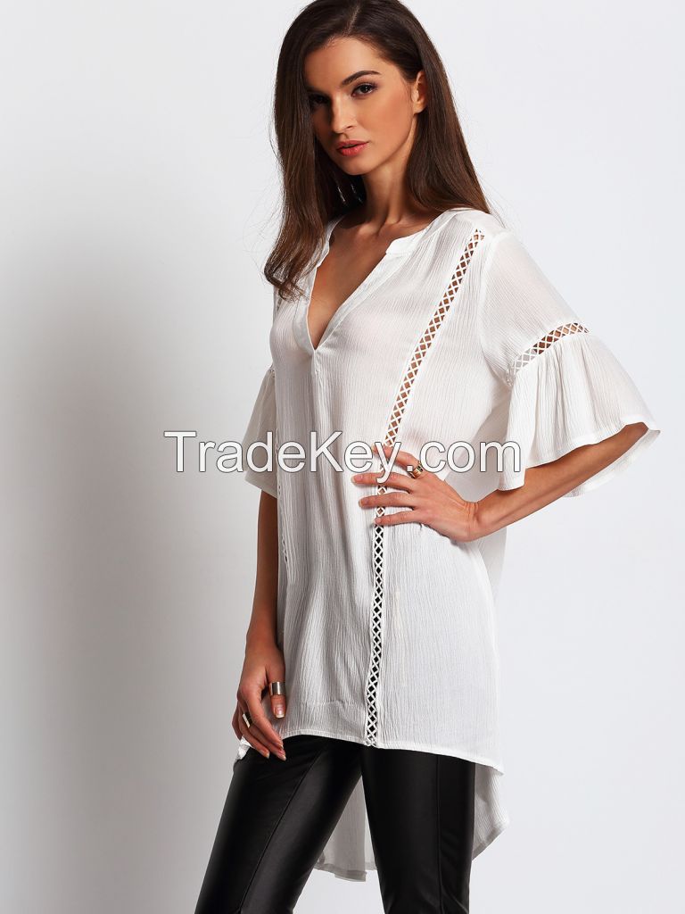 clothing manufacturers overseas low neckline flowy long woman fashion cutting blouse design