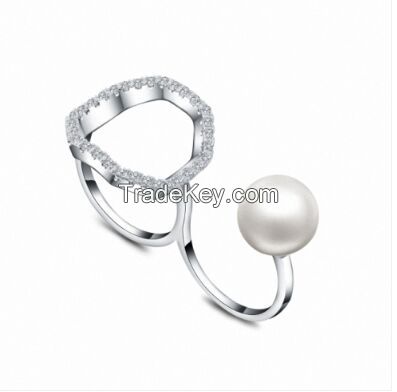 Custmized hip hop plated fancy open double finger ring with deep sea pearl,beautiful design