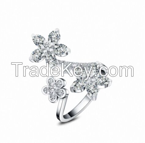 Lastest fashion birthday gift silver jewelry,flower design three crystal ring