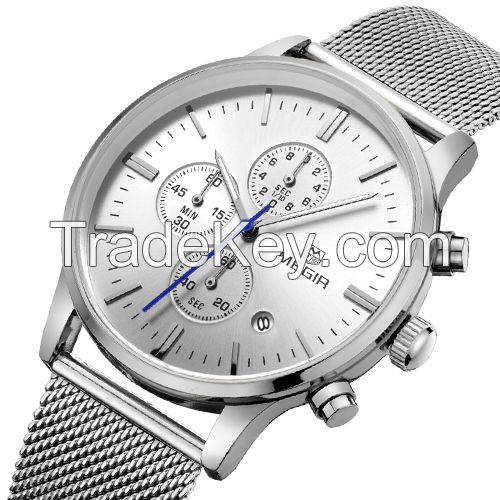 MEGIR Swiss Quartz movement strap watch 2011 silver waterproof steel wrist watch