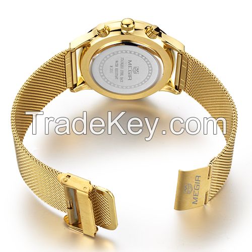 MEGIR Swiss Quartz movement strap watch 2011Gold waterproof steel wrist watch