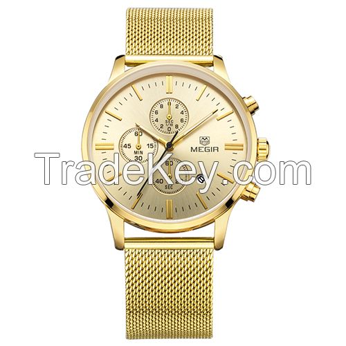 MEGIR Swiss Quartz movement strap watch 2011Gold waterproof steel wrist watch