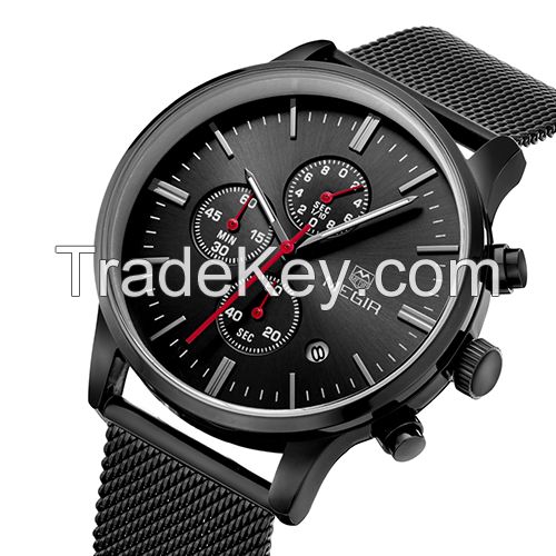 MEGIR Swiss Quartz movement strap watch 2011 black waterproof steel wrist watch