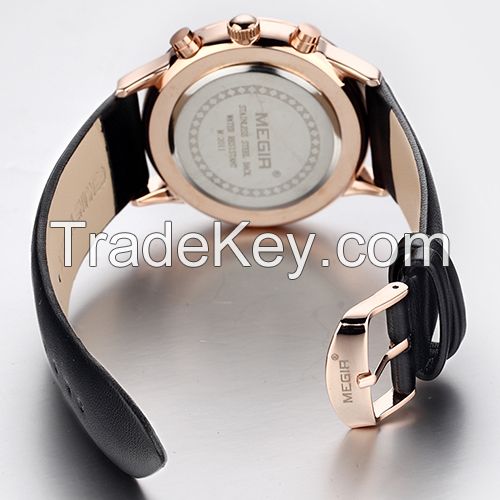 MEGIR Swiss Quartz movement strap watch black waterproof steel wrist watch SL2011GBN-1N0