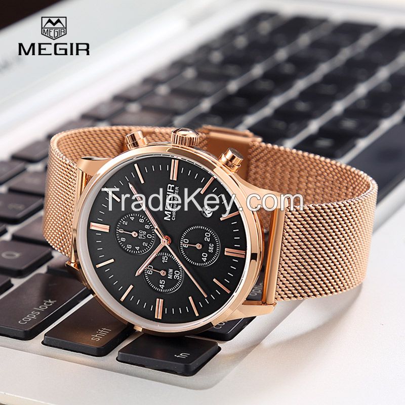 MEGIR Swiss Quartz movement strap watch 2011 rose gold waterproof steel wrist watch