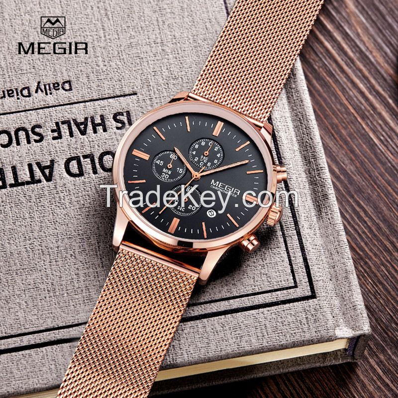 MEGIR Swiss Quartz movement strap watch 2011 rose gold waterproof steel wrist watch