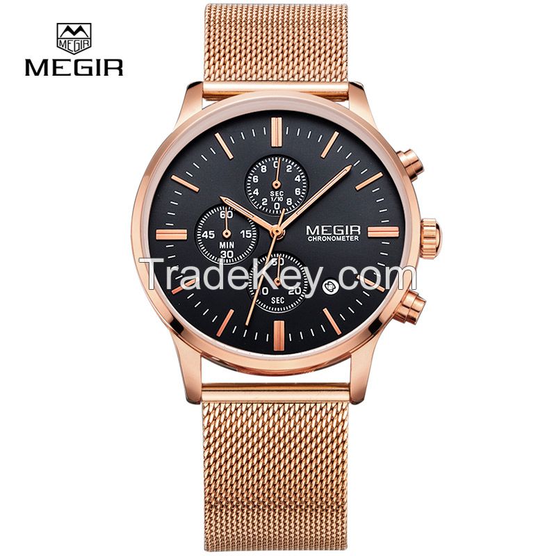 MEGIR Swiss Quartz movement strap watch 2011 rose gold waterproof steel wrist watch