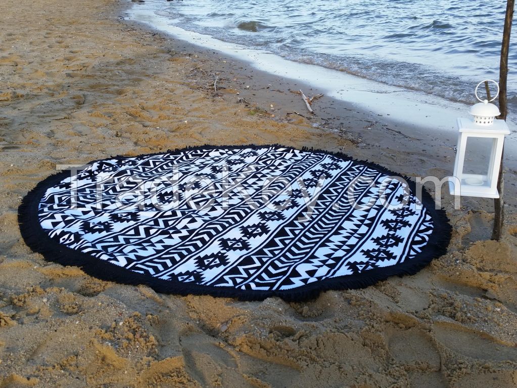 100% Velour Round Beach Towel with Tassels