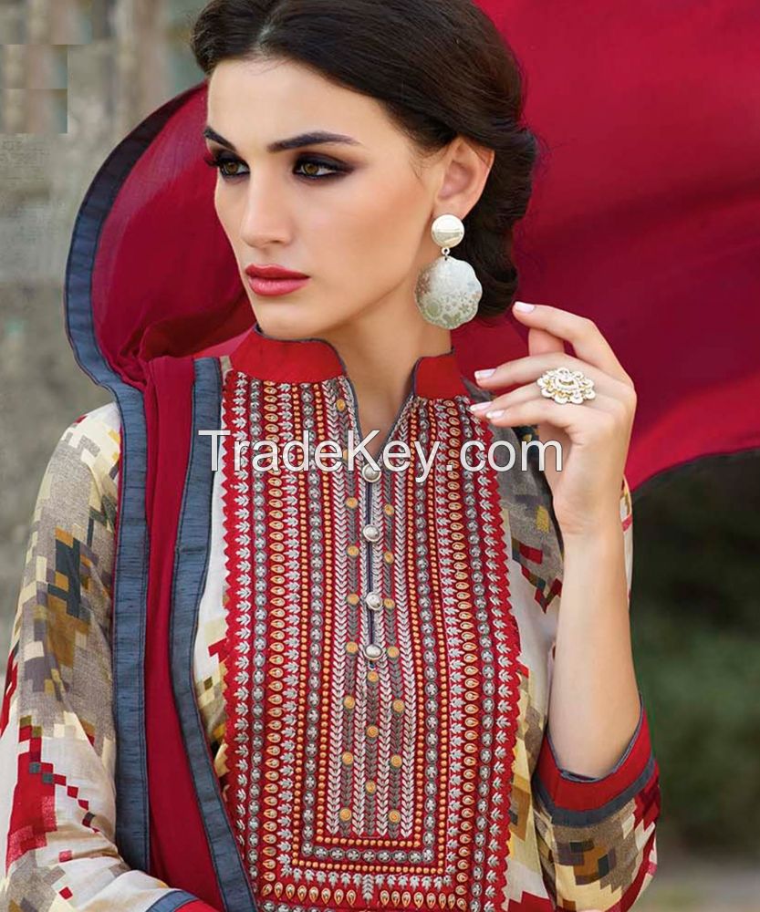 Online Shopping India - Cream Magenta Printed Salwar Kameez With Dupatta