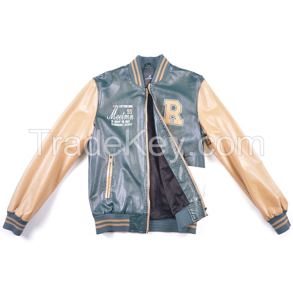 16#08 Mens Winter Green Yellow Printed Patchwork Leather Bomber Varsity Jacket