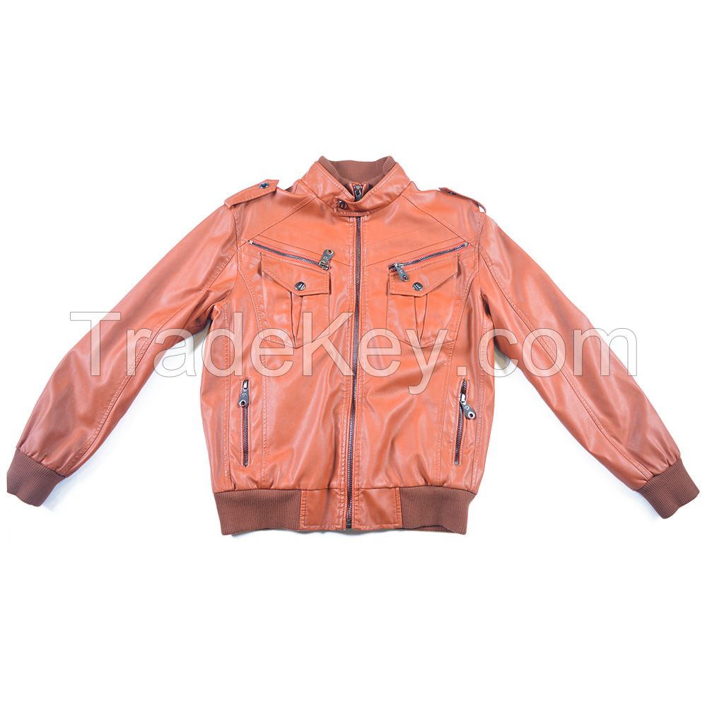 14#22 Wholesale Orange Fleece Lined Bomber Leather Jacket With Lots Of Pocket