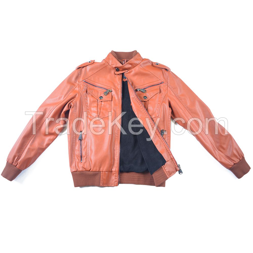 14#22 Wholesale Orange Fleece Lined Bomber Leather Jacket With Lots Of Pocket