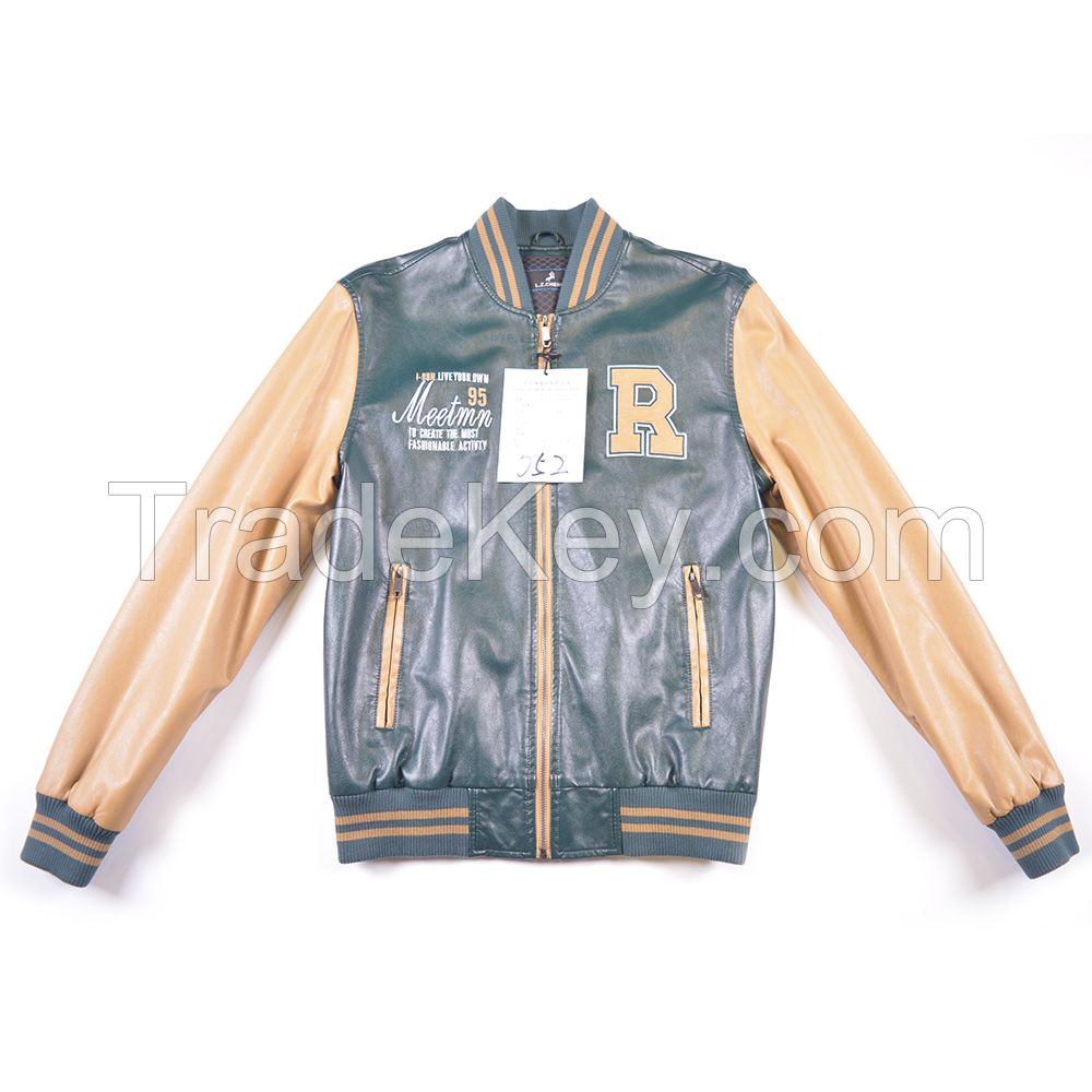 16#08 Mens Winter Green Yellow Printed Patchwork Leather Bomber Varsity Jacket