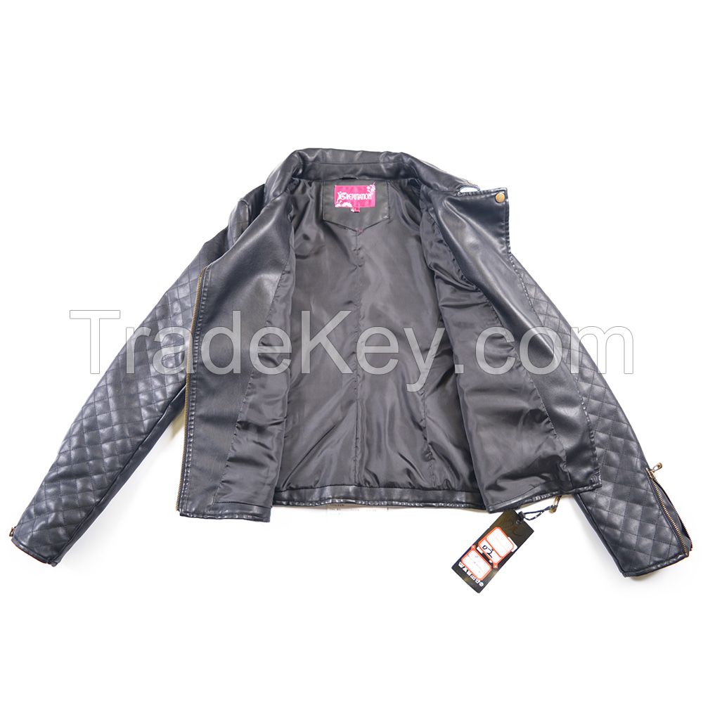 23#29 Black Quilted Women Fancy Windbreaker Side Zip Leather Jacket