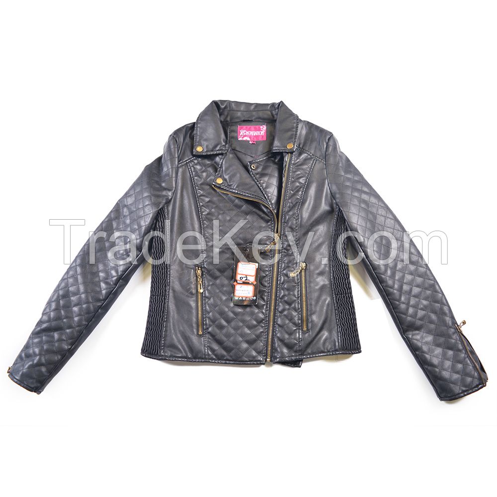 23#29 Black Quilted Women Fancy Windbreaker Side Zip Leather Jacket