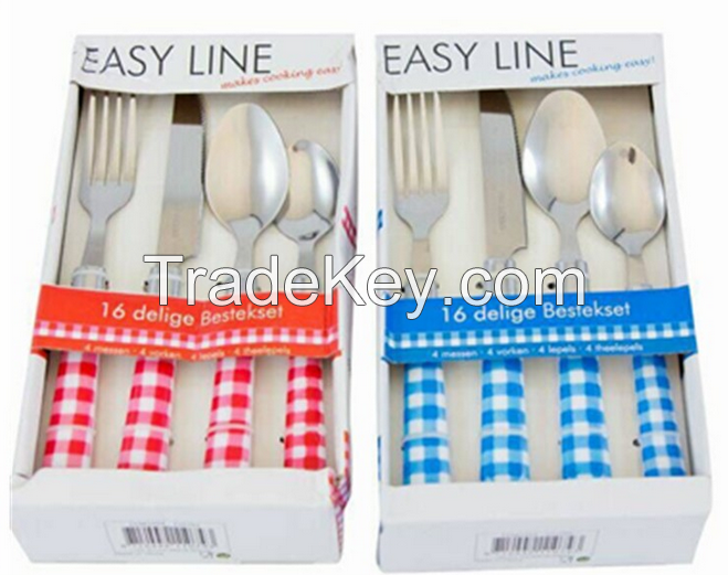 stainless steel flatware set with plastic handle in different packing.