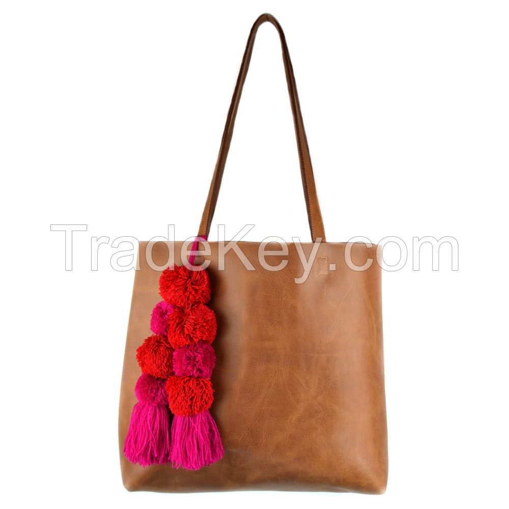 Classic Women's Leather Shopper Tote with Pompom
