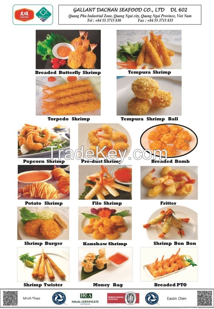 Frozen breaded shrimp and frozen seafood products