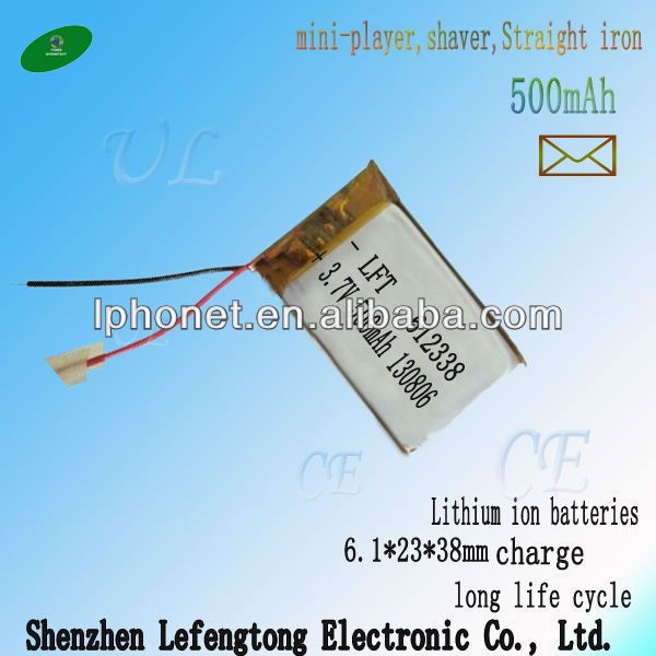 small capacity rechargeable li-ion batteries 3.7v 500mah 612338 for toys