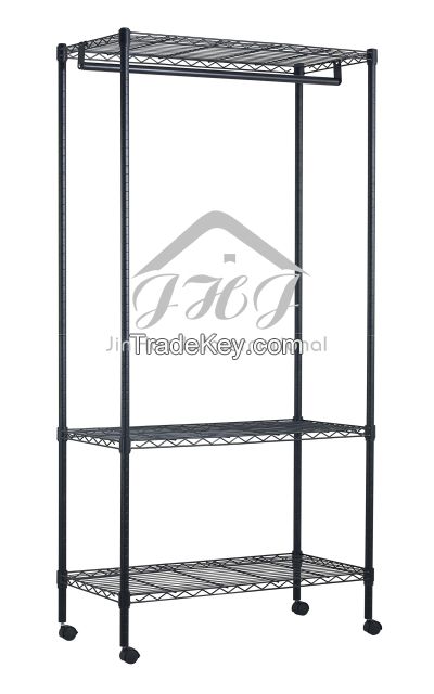 3 Tiers Epoxy Coated Garment Rack with 2&quot; Screw PP Wheels &amp; Screwed Hanger Bar