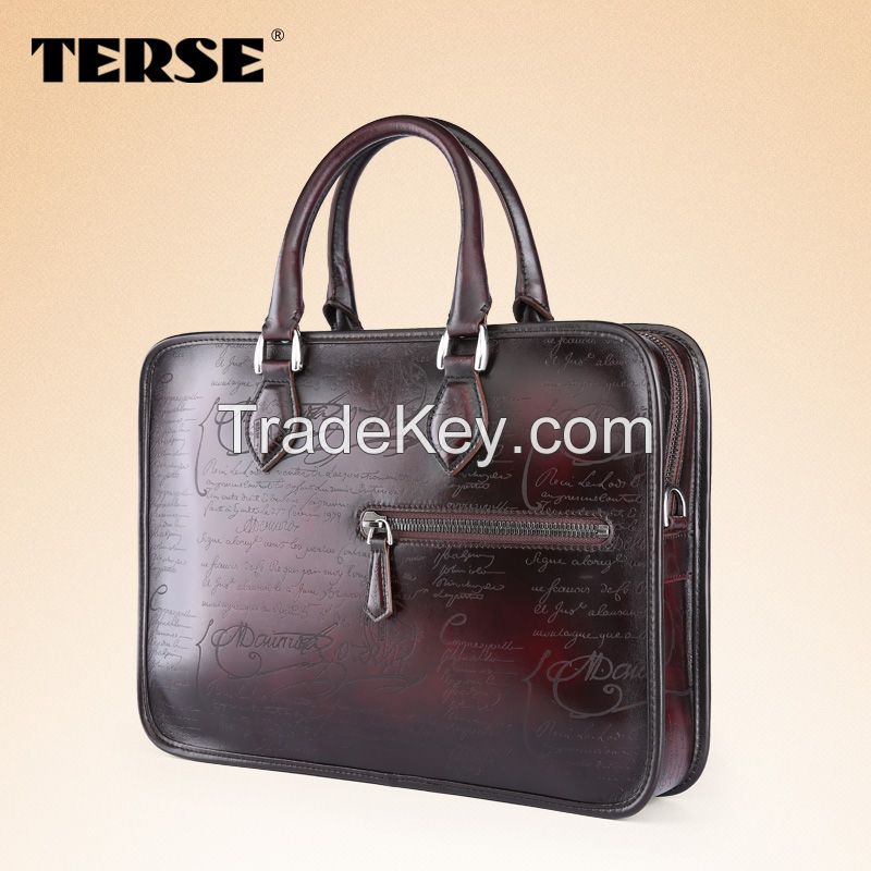 Briefcase Genuine Leather Calligraphy Mens Business Bag Laptop Bag Oem