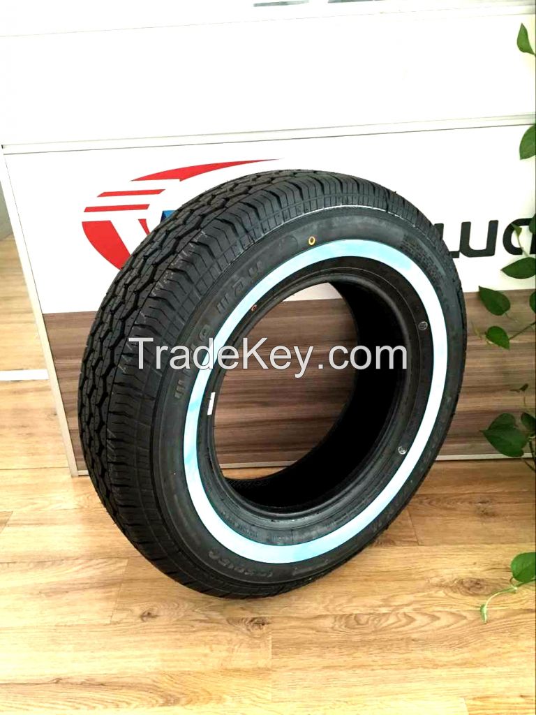 car tire with white sidewall