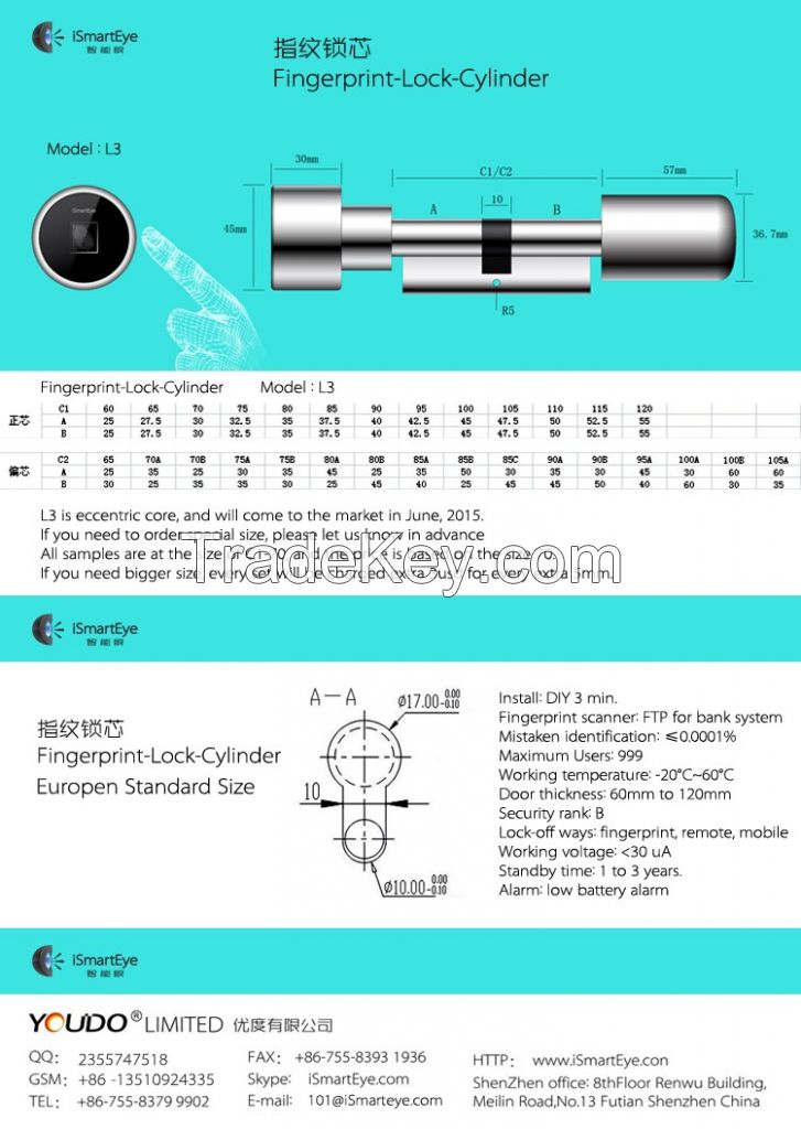 Fingerprint Lock--L3 Cylinder Fingerprint Remoter and Mobile Door