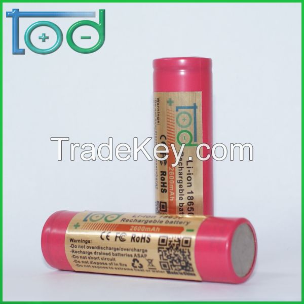 Factory directly sell TOD18650 3.7V2600mAh Rechargeable Lithium battey