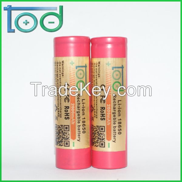 Factory directly sell TOD18650 3.7V2600mAh Rechargeable Lithium battey