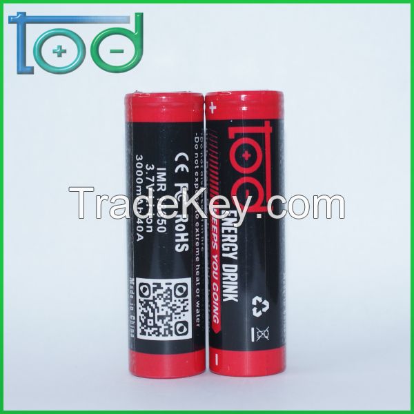 TOD IMR 18650 3.7V 3000mAh 40A High Drain Rechargeable Battery