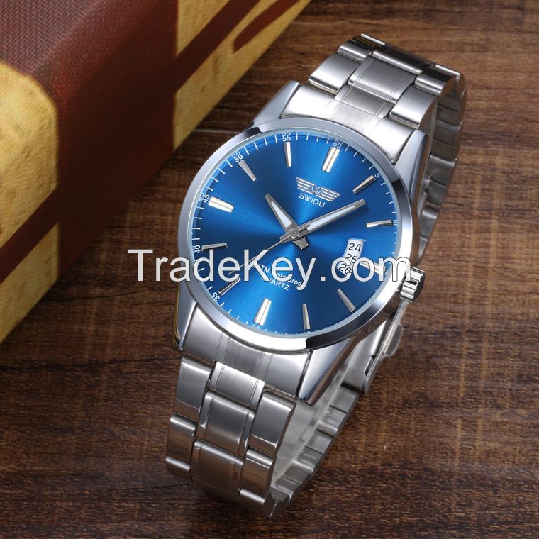 2016 hot selling personalized logo blue colored glass SWIDU brand cool quartz movement wrist watch SWI-055 for men